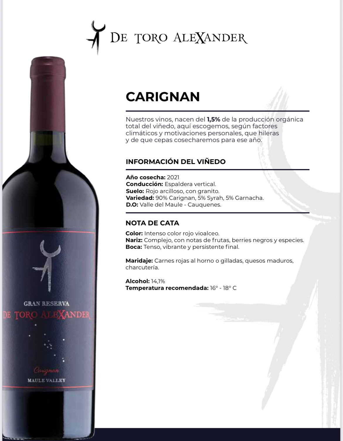 (1 botella 750 ml) De Toro Alexander - Gran Reserva Carignan 2021
