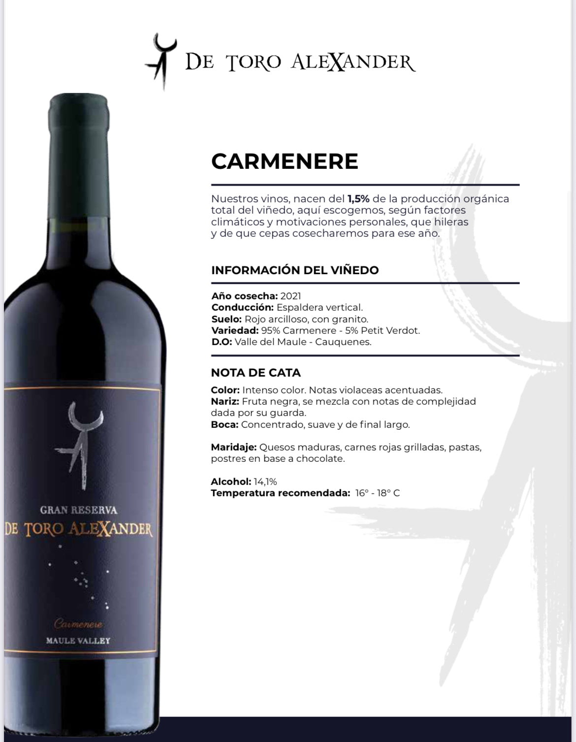 (1 botella 750 ml) De Toro Alexander - Gran Reserva Carmenere 2021
